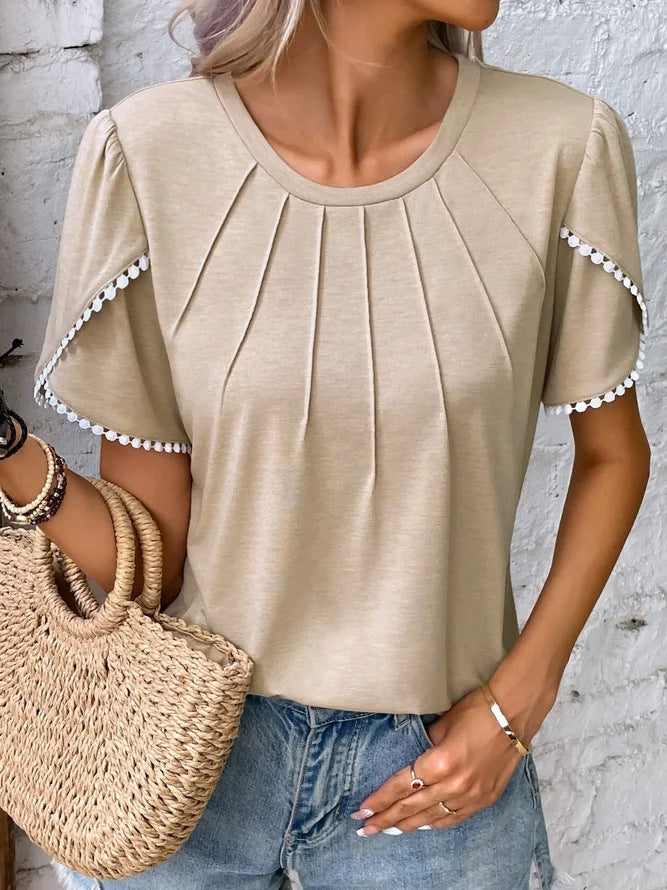 Damen nan Rundhals-Shirt mit dekorativer Kellerfalten-Front, Flatterärmeln und Pompon-Borte Echo Archiv