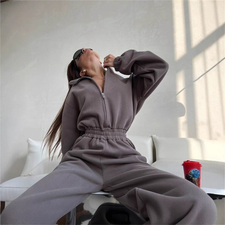 Damen Loungewear-Set mit halbem Reißverschluss, elastischem Taillenbund und weiter Jogginghose – Avérine