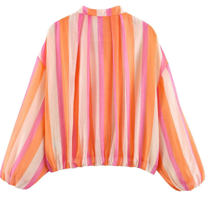 Damen Gestreifte Cropped Blousonjacke mit Stehkragen, Reißverschluss und Ballonärmeln Echo Archiv