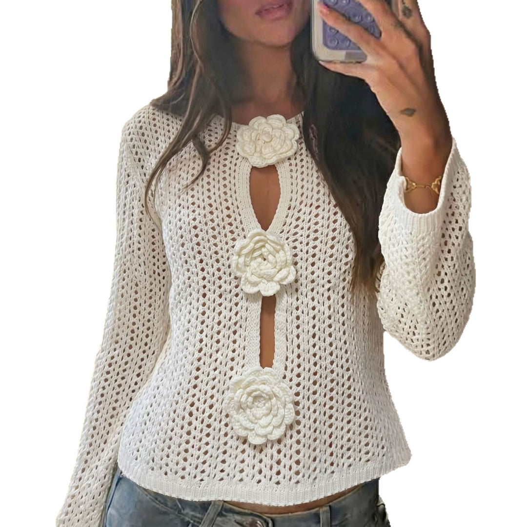 Damen Ajour-Strickcardigan mit 3D-Blütenapplikation Echoarchiv