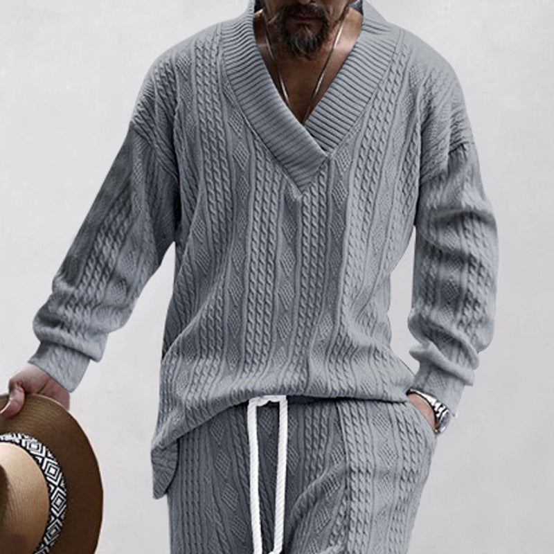 Herren Zopfstrick-Loungewear-Set mit tiefem V-Ausschnitt, Relaxed-Fit & Kordelhose – Marzano