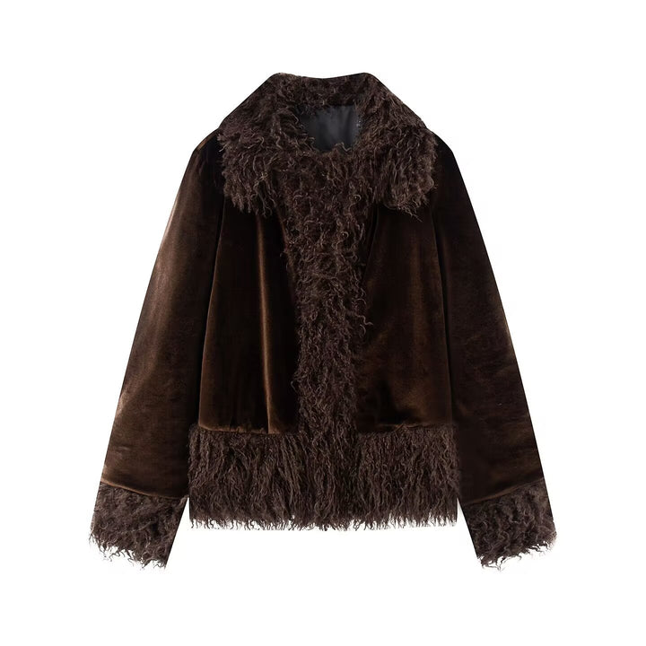 Damen Kurzjacke mit Faux‑Fellbesatz, Samtoptik und Fransenabschluss Echo Archiv