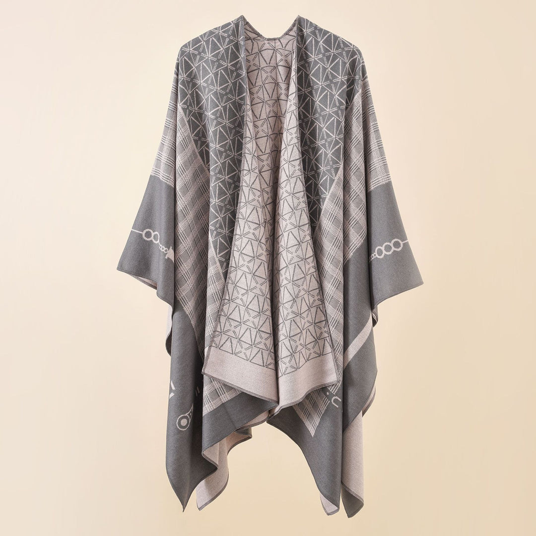 Damen Geometrisches Jacquard-Ruana-Cape aus Wollmix mit offener Kimono-Silhouette – Montévia