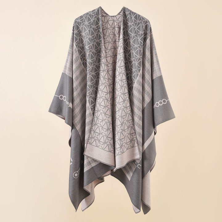 Damen Geometrisches Jacquard-Ruana-Cape aus Wollmix mit offener Kimono-Silhouette – Montévia