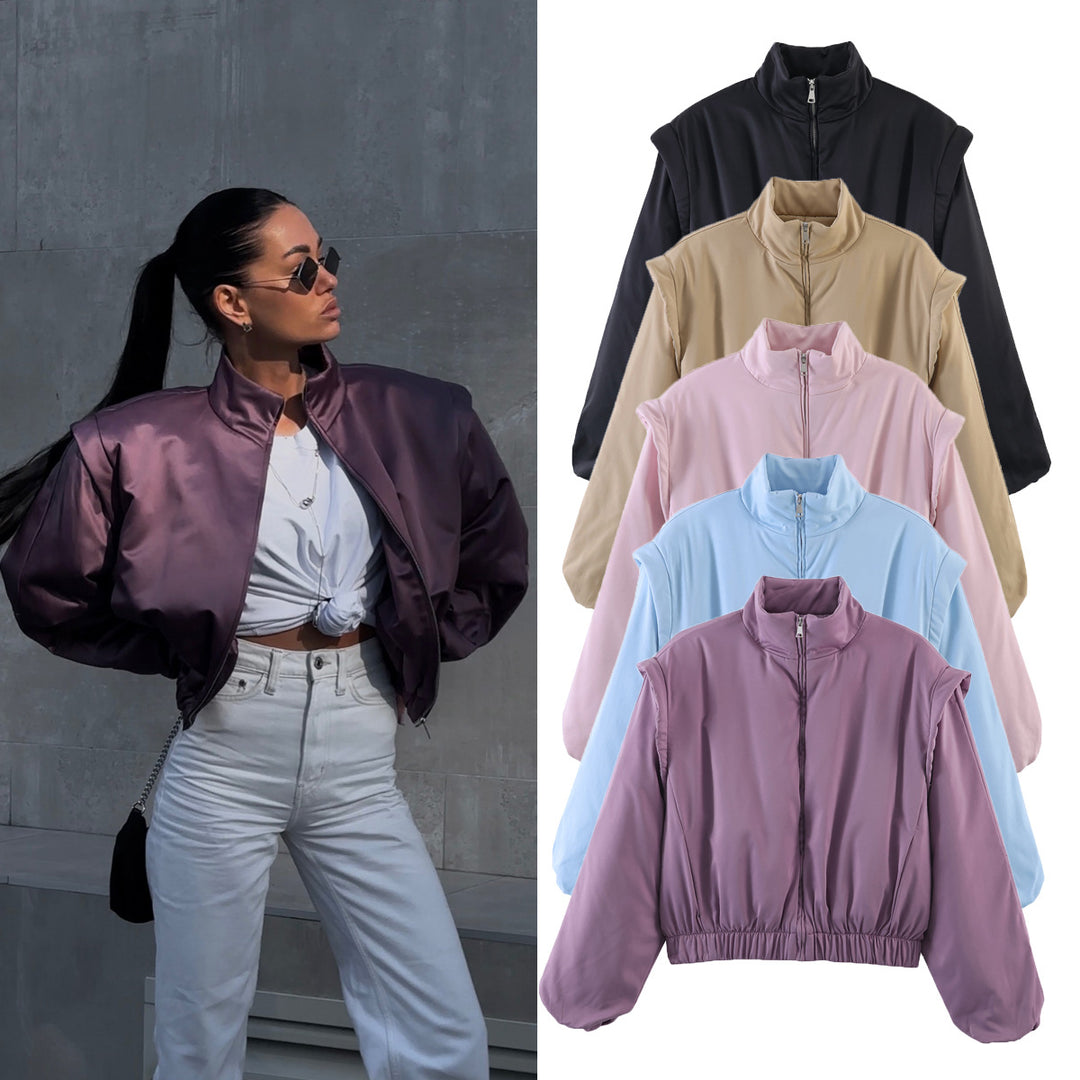Damen Gefütterte Cropped-Stehkragenjacke mit elastischem Saum und Ballonärmeln Echo Archiv