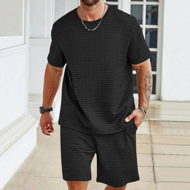 Herren nan leichter Freizeit-Zweiteiler in Waffelstruktur mit Rundhals-T-Shirt und komfortablen Shorts Echoarchiv