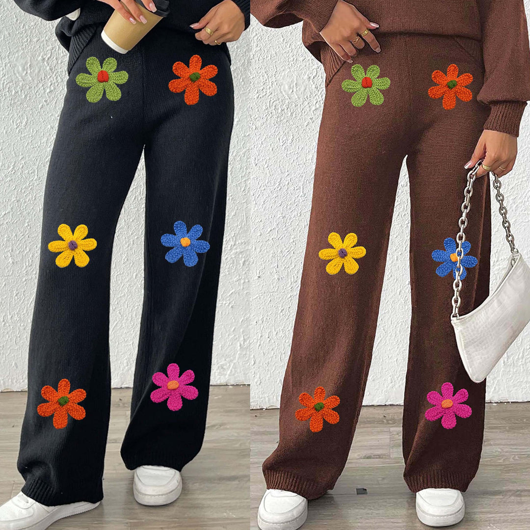 Damen lässige Strickhose mit bunten Blumenapplikationen Echo Archiv