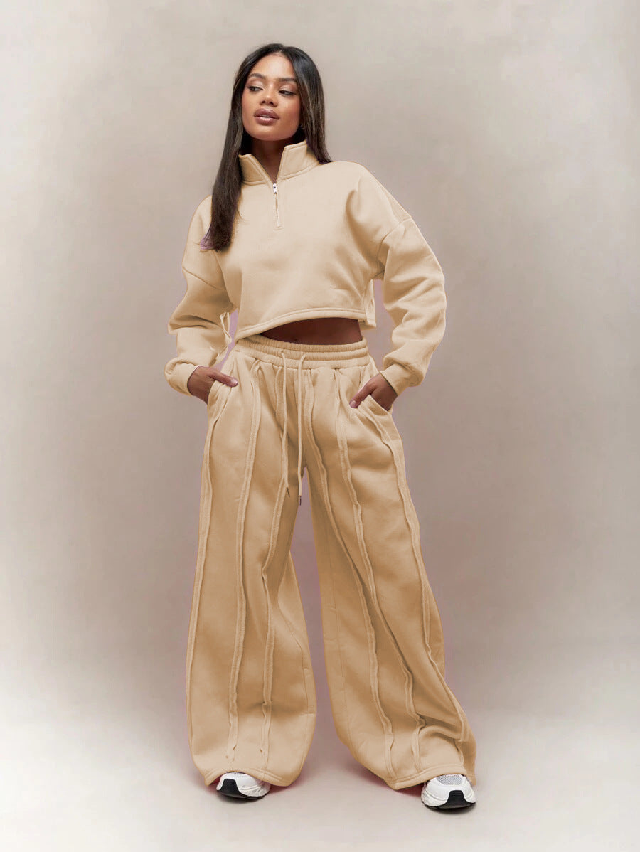 Damen Crop-Halbzip-Sweatshirt und High-Waist Wide-Leg Loungehose Set mit sichtbaren Naht-Details – Avérine