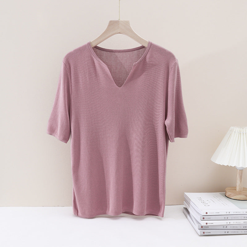 Damen Leichtes Kurzarm-Feinstrickshirt mit V-Notch-Ausschnitt und lockerem Fall Echo Archiv