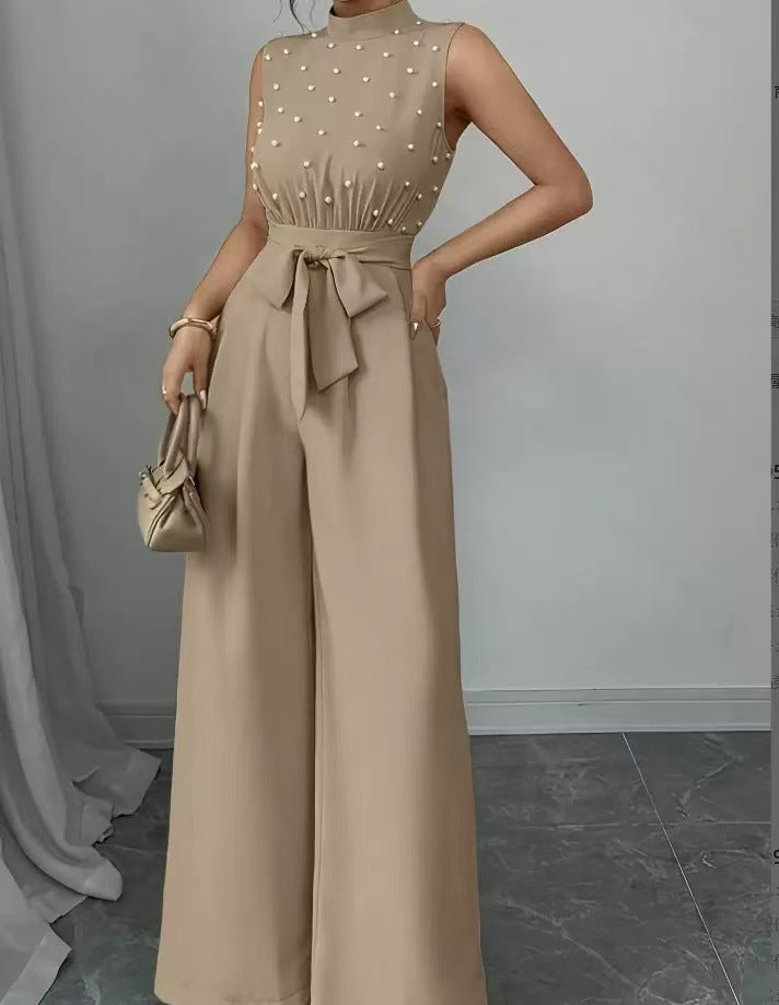 Damen Eleganter Jumpsuit mit Perlenbesatz, Stehkragen und weitem Palazzo-Bein – Solévia
