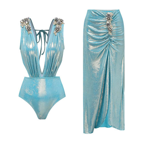 Damen Luxuriöser Schwimmanzug mit schulterfreien Rüschenträgern und passendem Maxirock Echo Archiv