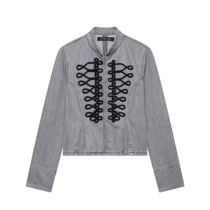 Damen Jeansjacke mit militärischer Kordelapplikation und Stehkragen Echoarchiv