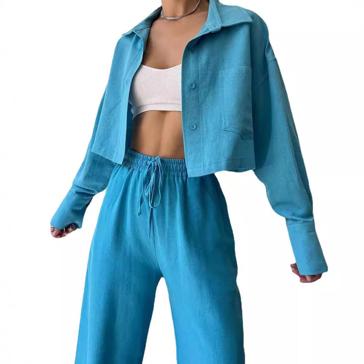 Damen Leinenoptik-Loungewear-Set mit Cropped-Overshirt und High-Waist-Tunnelzughose Echoarchiv