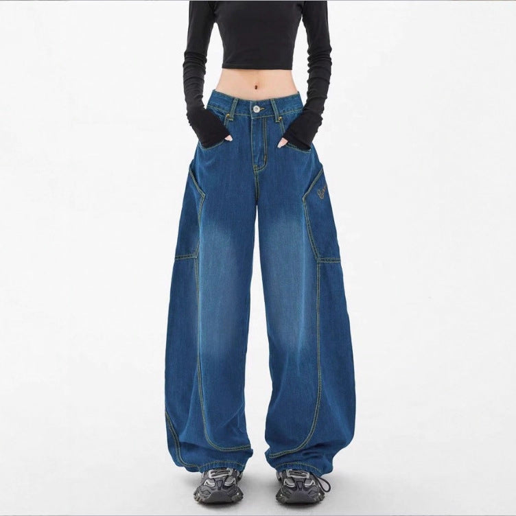 Damen Weite High-Waist Balloon-Jeans mit Utility-Taschen und kontrastierenden Nähten Echo Archiv