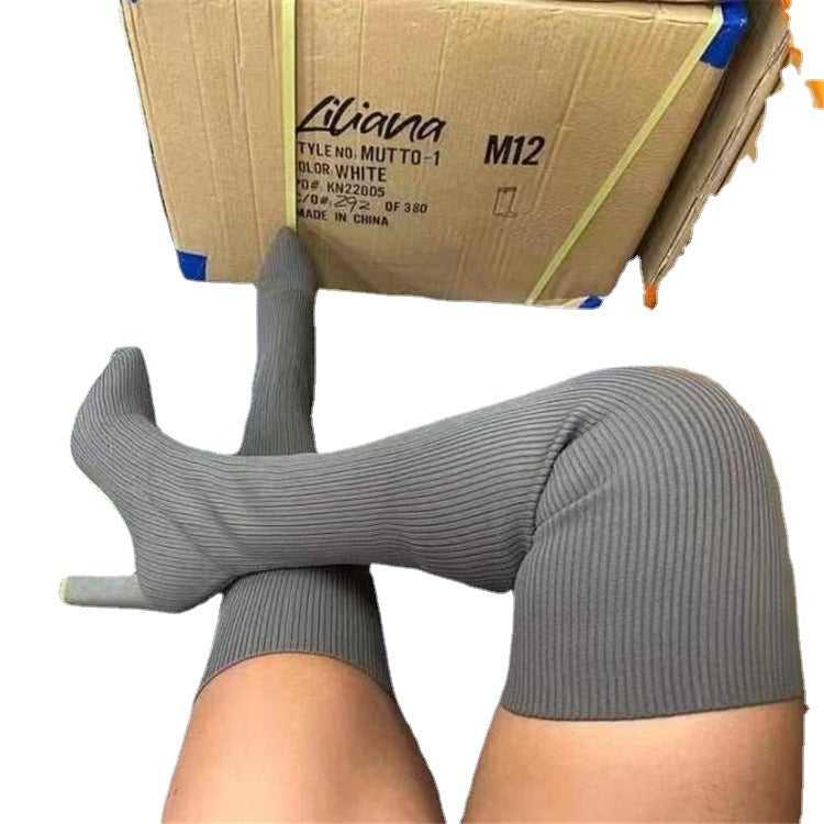 Damen Overknee-Stretch-Stiefel mit Rippstrickschaft und spitzer Schuhspitze Echoarchiv