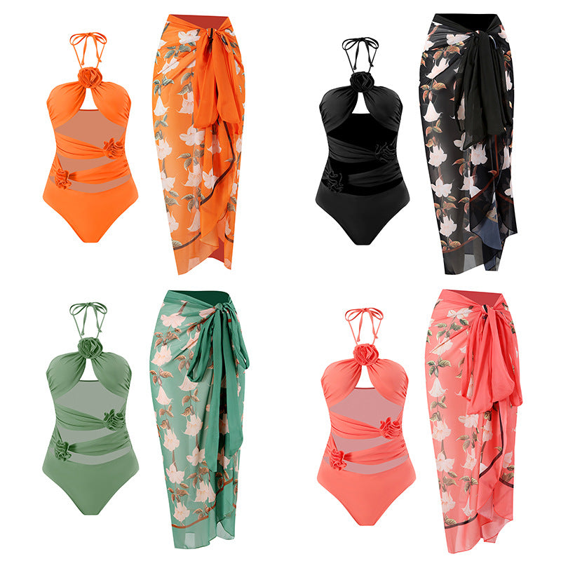 Damen Einteiler Badeanzug mit floralen Details und transparentem Einsatz Echo Archiv