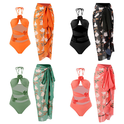 Damen Einteiler Badeanzug mit floralen Details und transparentem Einsatz Echo Archiv