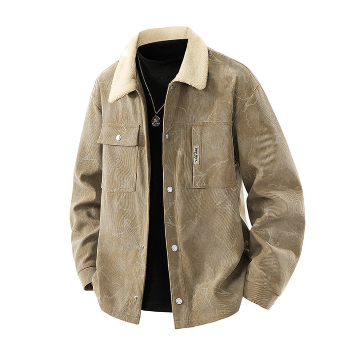 Men's marbled corduroy sherpa-collar overshirt jacket with flap chest pockets – Taviero