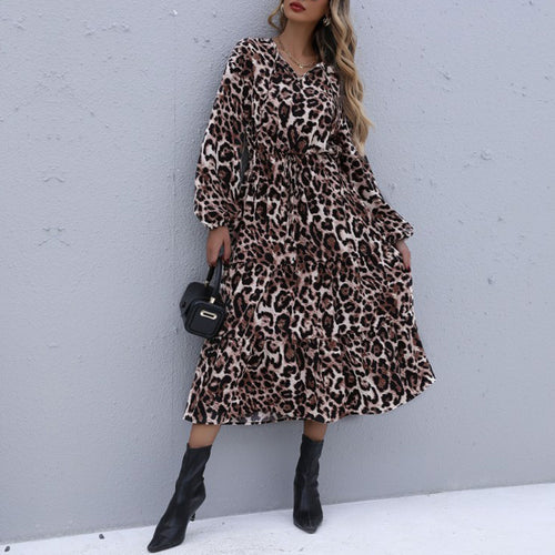 Damen Midikleid Vintage-inspirierter Leoprint mit V-Ausschnitt, elastischer Taillenpasse und Glockenärmeln – Élara