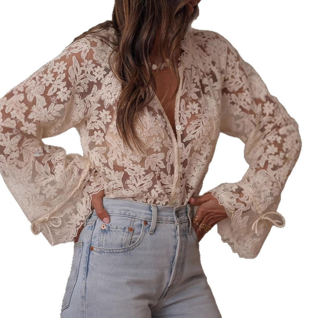Damen transparente Bluse mit floralen Stickereien und weiten Ärmeln Echo Archiv