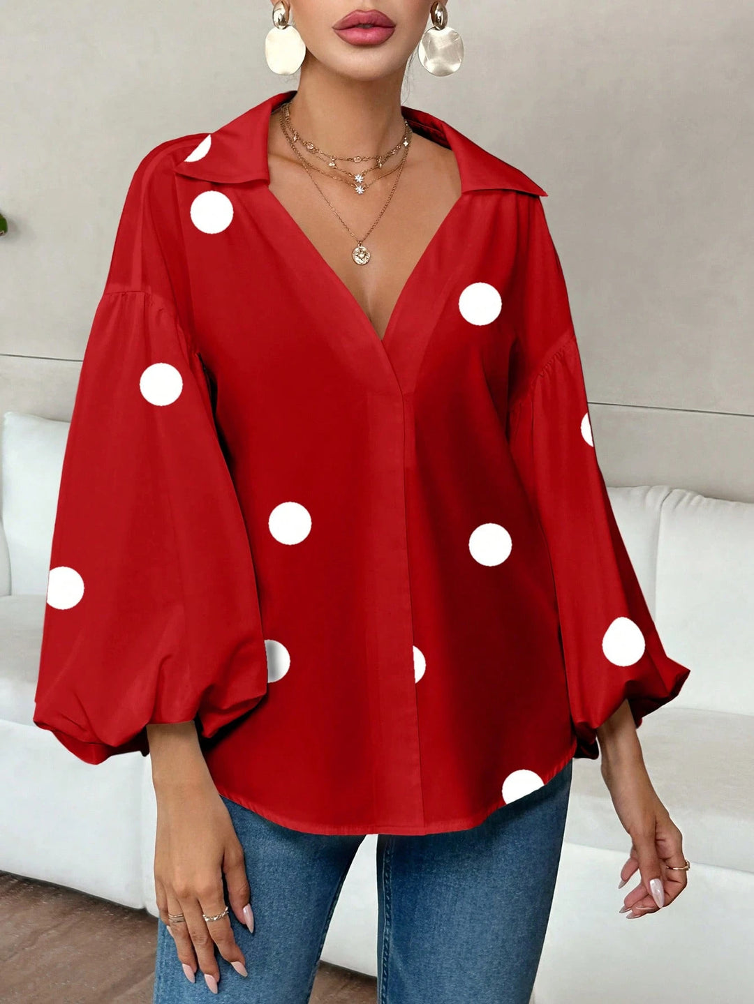 Damen Oversize-Bluse mit voluminösen Puffärmeln und Punktmuster Echo Archiv