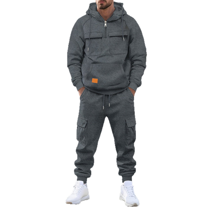 Herren technischer Oversize-Hoodie mit Halbzip, Kapuze, Kängurutasche und aufgesetzten Utility-Taschen – Cavarno