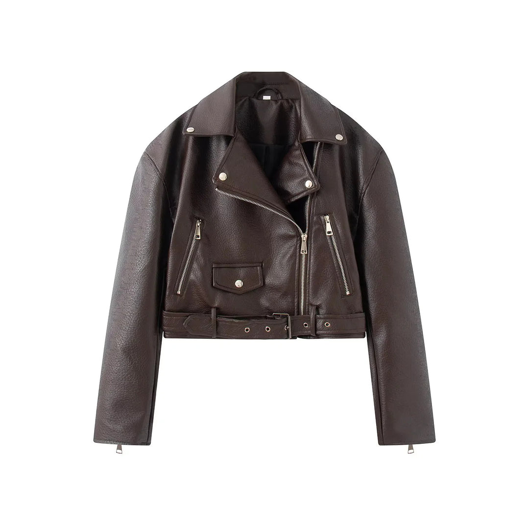 Damen cropped Bikerjacke aus veganem Lederimitat mit asymmetrischem Reißverschluss und Taillengürtel – Célinea