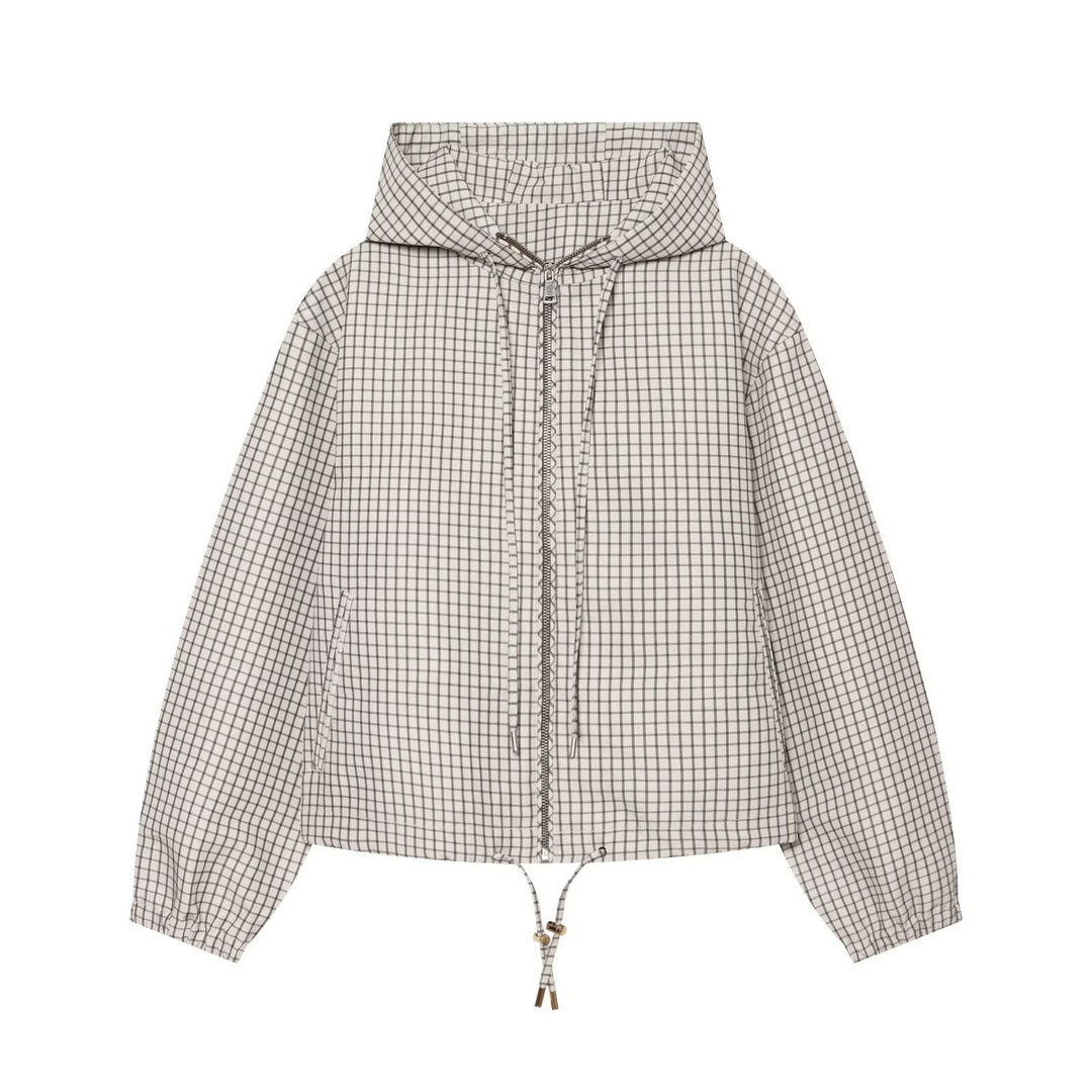 Damen Karierter Cropped‑Windbreaker mit Kapuze, Tunnelzug und Reißverschluss Echo Archiv