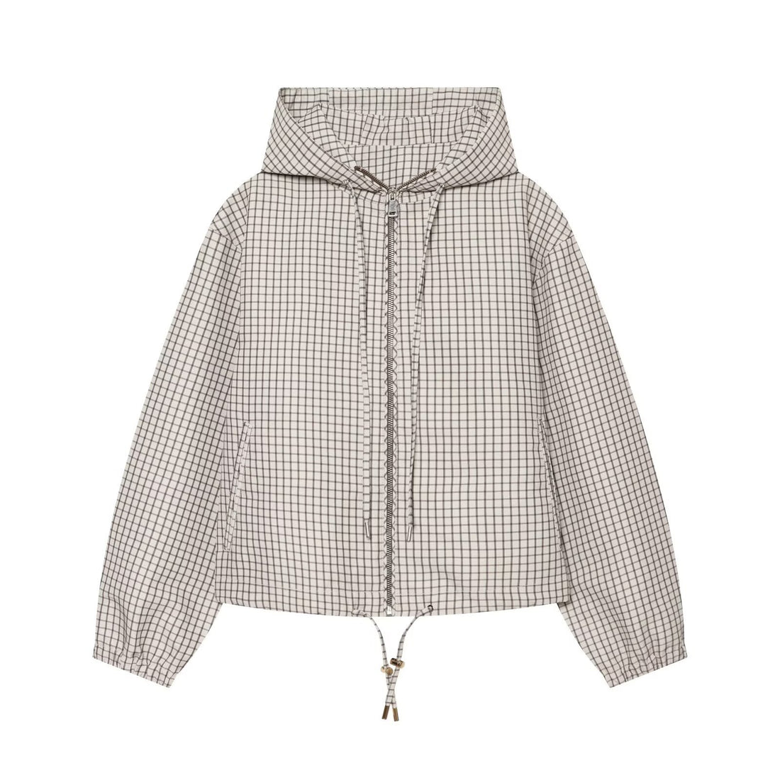 Damen Karierter Cropped‑Windbreaker mit Kapuze, Tunnelzug und Reißverschluss Echo Archiv