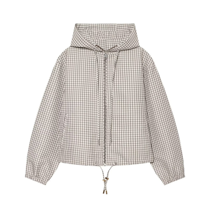 Damen Karierter Cropped‑Windbreaker mit Kapuze, Tunnelzug und Reißverschluss Echo Archiv