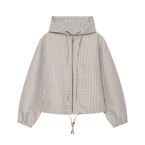 Damen Karierter Cropped‑Windbreaker mit Kapuze, Tunnelzug und Reißverschluss Echo Archiv