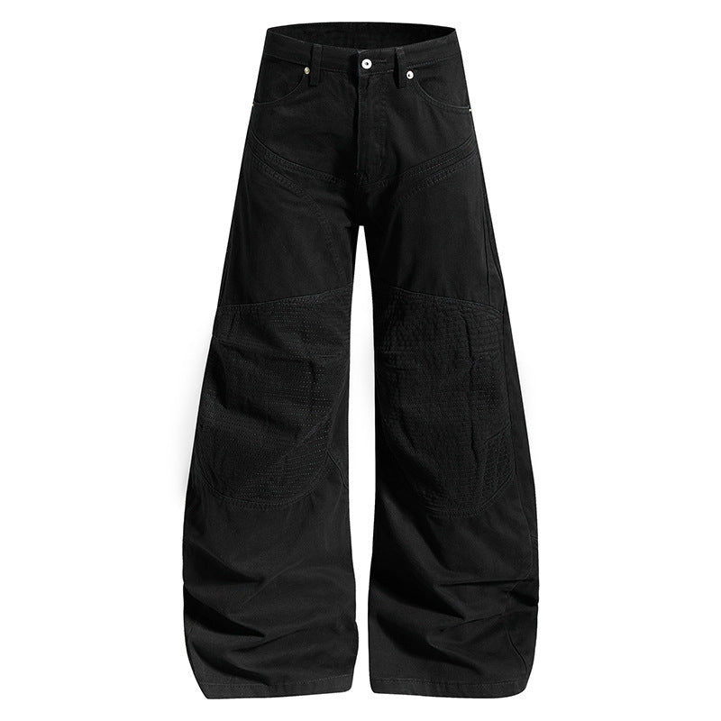 Damen Hochtaillierte weite Denim‑Culottehose mit verstärkten Rippen‑Kniepaneelen und Patch‑Stitching Echoarchiv