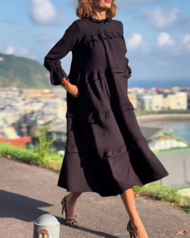 Damen nan kastiges Stufenmidikleid mit Rüschenkragen, gerafften Manschetten und verdeckten Seitentaschen Echo Archiv