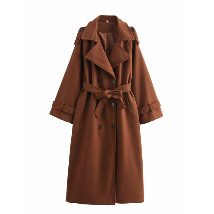 Damen langer doppeltreihiger Wollmix-Trenchcoat mit Gürtel und breitem Revers Echo Archiv