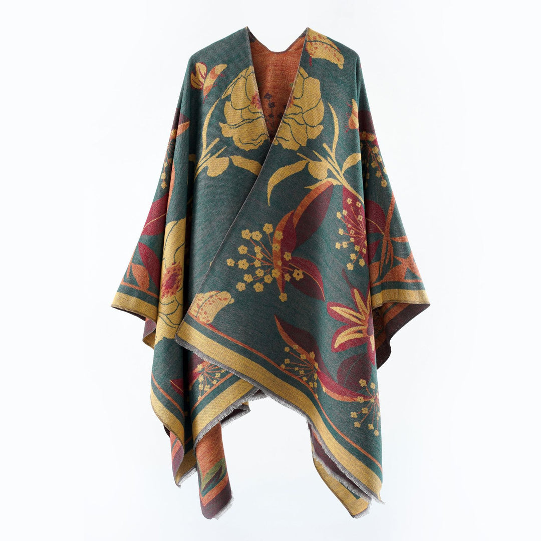 Damen Floraler Jacquard-Überwurf im kastigen Kimono-Fall mit feiner Fransenkante – Célinea