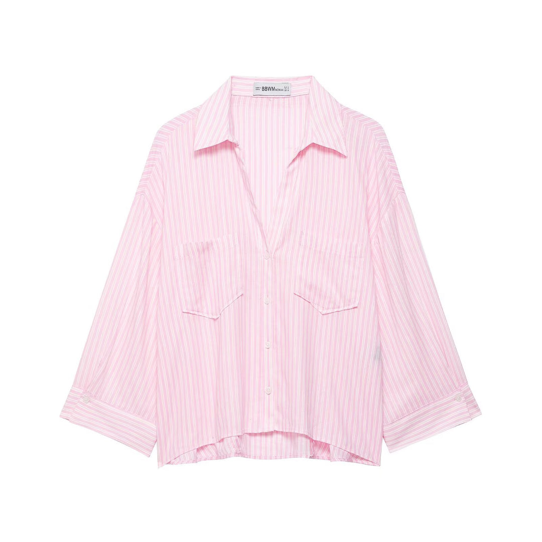 Damen Oversize-Hemdbluse mit feinem Streifenmuster, Brusttaschen und High-Low-Saum Echo Archiv