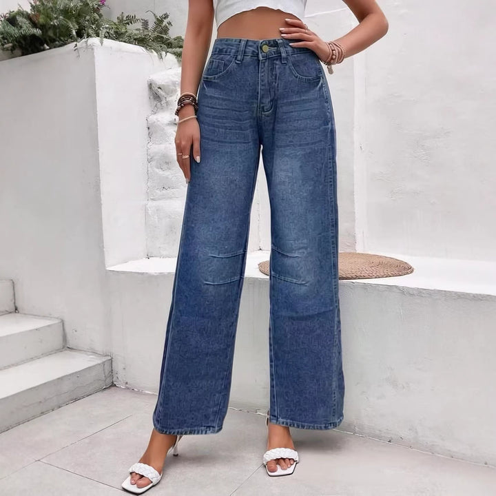 Damen nan High-Waist weite Denim-Hose mit ausgestelltem Bein und tonalen Knie-Abnähern Echo Archiv
