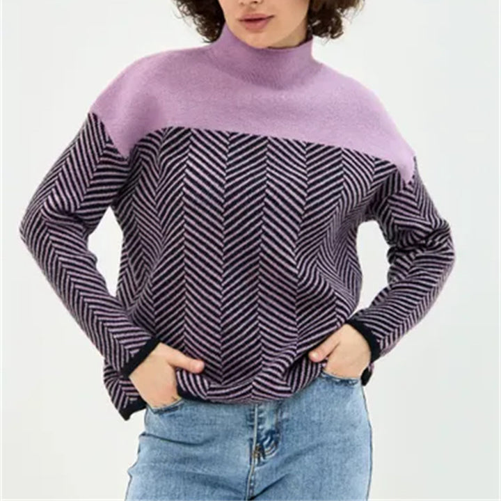 Damen Strickpullover mit Stehkragen und Fischgrätmuster – Mavelle