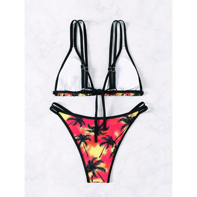 Damen Triangel-Bikini mit doppelten Trägern und trendigem Palmendruck Echo Archiv