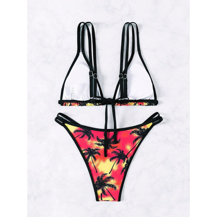 Damen Triangel-Bikini mit doppelten Trägern und trendigem Palmendruck Echo Archiv