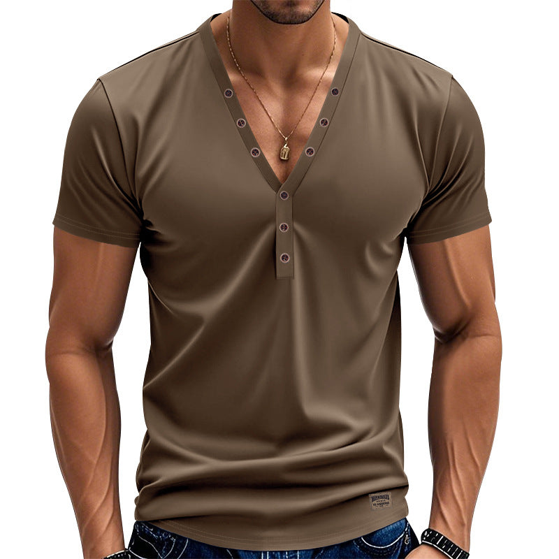 Herren nan tailliertes Kurzarm-Henleyshirt aus Baumwoll-Elasthan mit tiefem V-Ausschnitt und dekorativer Knopfleiste Echo Archiv