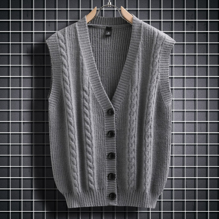 Herren ärmellose Strickjacke mit Zopfmuster und Knopfdetails Echoarchiv