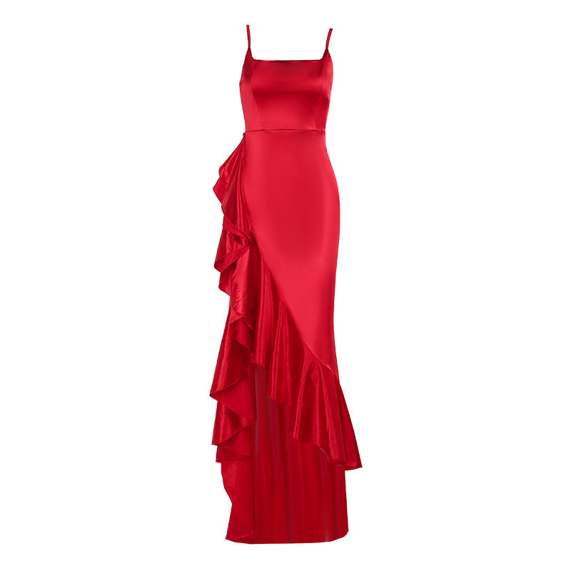 Damen elegantes Maxikleid mit asymmetrischem Rüschensaum und taillierter Silhouette Echo Archiv