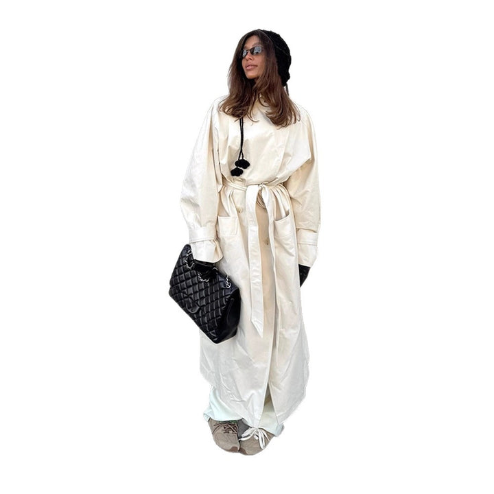 Damen Maxilanger taillierter Trenchcoat aus leichter Baumwollmischung mit Bindegürtel Echoarchiv