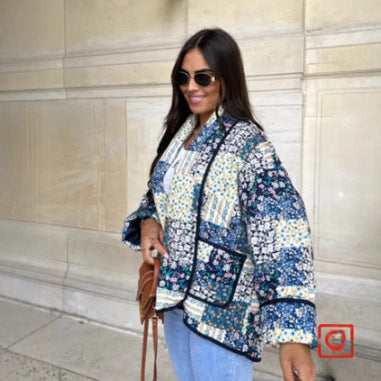 Damen Gesteppte Patchwork-Quiltjacke mit Kontrastpaspel und aufgesetzten Taschen Echo Archiv
