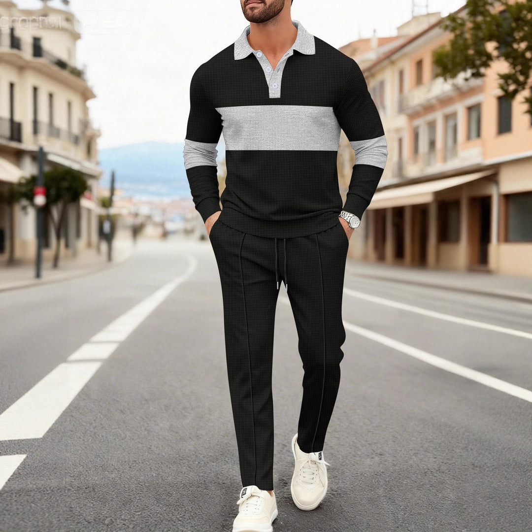 Herren modisches Langarm-Polohemd mit strukturiertem Design und bequemen Jogginghosen Echoarchiv