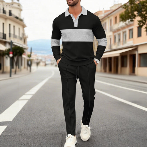 Herren modisches Langarm-Polohemd mit strukturiertem Design und bequemen Jogginghosen Echoarchiv