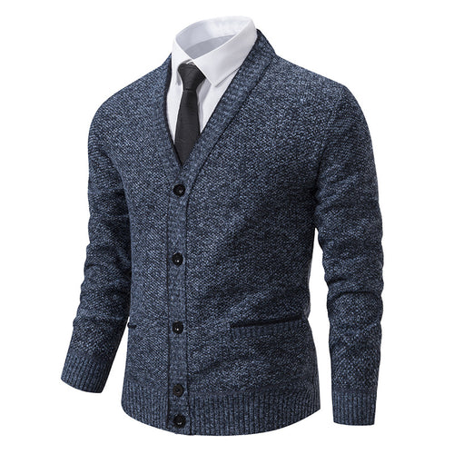 Herren nan melierter Strukturstrick-Cardigan mit V-Ausschnitt, Kontrastkanten und aufgesetzten Taschen Echo Archiv