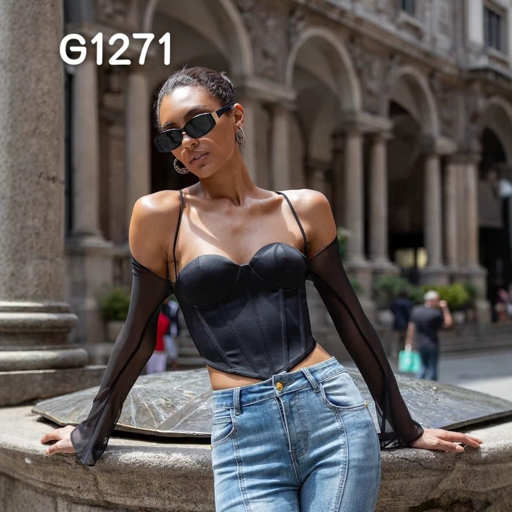 Damen Elegante Corsage-Bluse mit transparenten Ärmeln Echo Archiv