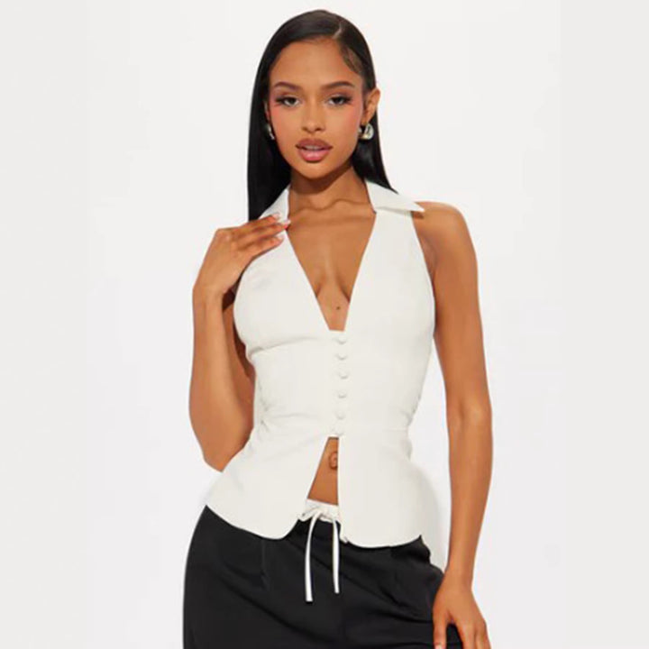 Damen elegant geschnittenes Wickeloberteil mit Knopfleiste und Kragen Echo Archiv